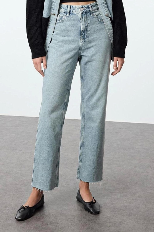 Stil Kadın Moda Denim Kot Pantolon Uzun Boru Paça Yüksek Bel Straight Jeans