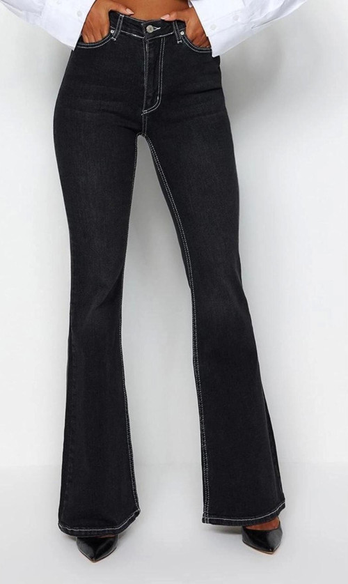Stil Kadın Moda Denim Kot Pantolon Uzun İspanyol Paça Yüksek Bel Jeans