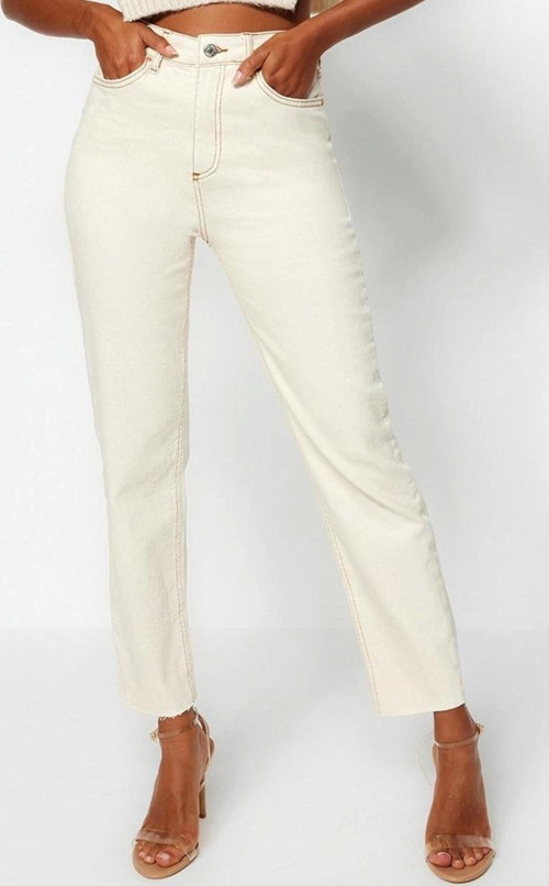 Stil Kadın Moda Denim Kot Pantolon Uzun Boru Paça Yüksek Bel Slim Mom Jeans