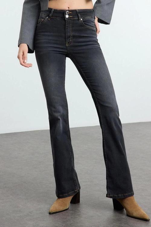 Stil Kadın Moda Denim Kot Pantolon Uzun Geniş Paça Yüksek Bel Jeans
