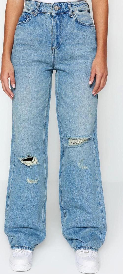 Stil Kadın Moda Denim Kot Pantolon Regular Geniş Paça Vintage Yırtık Detaylı Düşük Bel Jeans