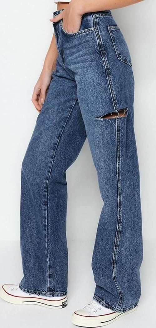 Stil Kadın Moda Denim Kot Pantolon Uzun Geniş Paça Yırtıklı Yüksek Bel Jeans