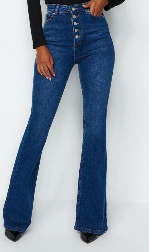 Stil Kadın Moda Denim Kot Pantolon Uzun Geniş Paça Önden Düğmeli Yüksek Bel Jeans