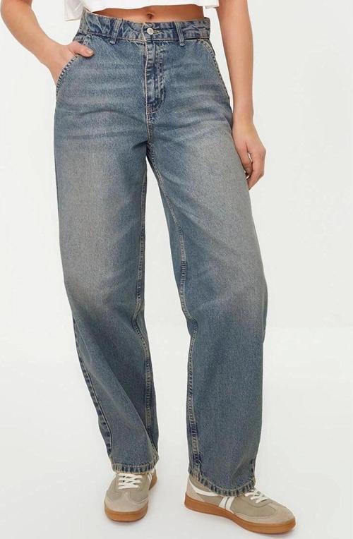 Stil Kadın Moda Denim Kot Pantolon Regular Geniş Paça Solukli Vintage Düşük Bel Skater Jeans
