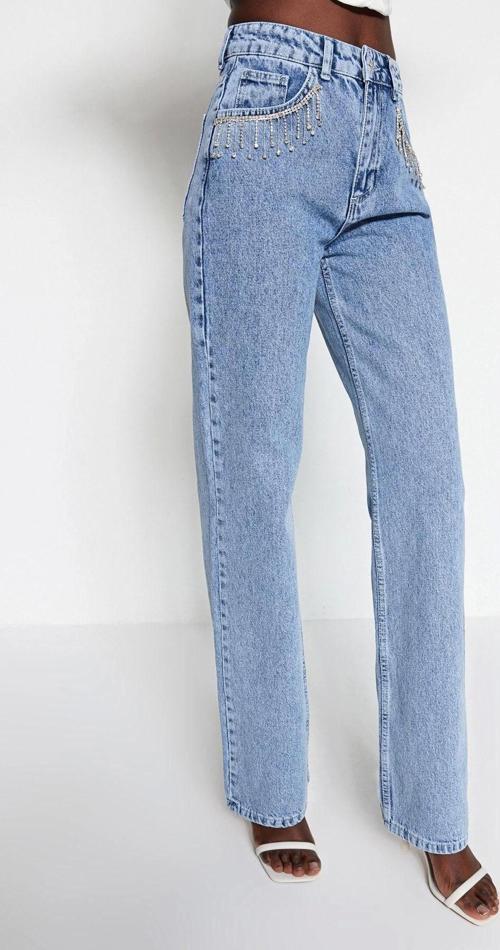 Stil Kadın Moda Denim Kot Pantolon Uzun Geniş Paça Mavi Aksesuar Detaylı Yüksek Bel Jeans