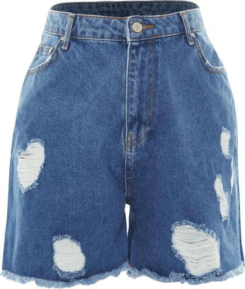 Büyük Beden Moda Denim Yüksek Bel Geniş Paça Gündelik Koyu Mavi Yüksek Bel Destroylu Şort Bermuda