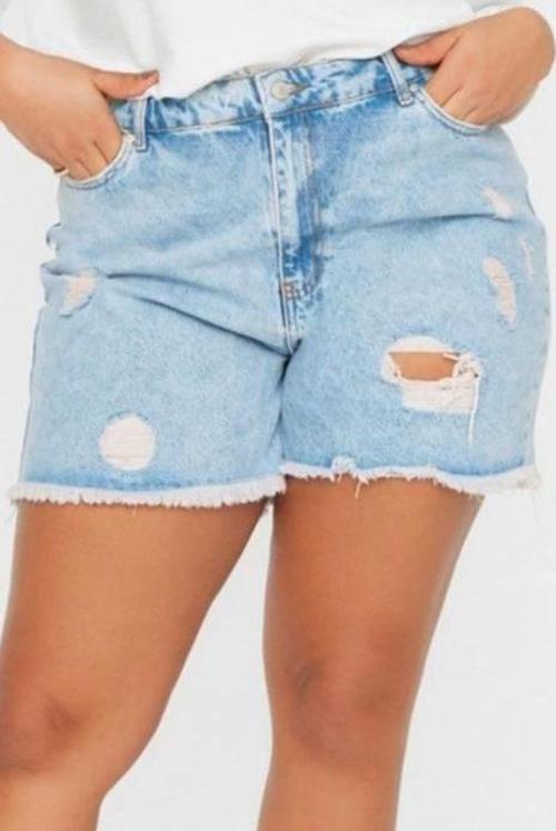 Büyük Beden Moda Denim Yüksek Bel Geniş Paça Gündelik Koyu Mavi Yüksek Bel Destroylu Şort Bermuda