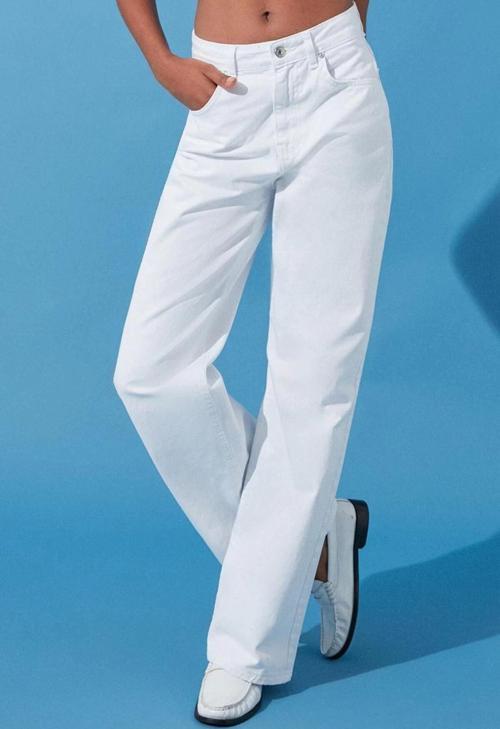 Stil Kadın Moda Denim Kot Pantolon Regular Geniş Paça Beyaz Yüksek Bel Jeans