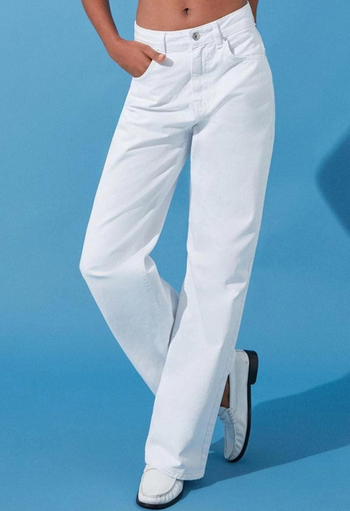 Stil Kadın Moda Denim Kot Pantolon Regular Geniş Paça Beyaz Yüksek Bel Jeans
