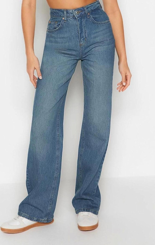Stil Kadın Moda Denim Kot Pantolon Regular Geniş Paça Mavi Yüksek Bel Jeans
