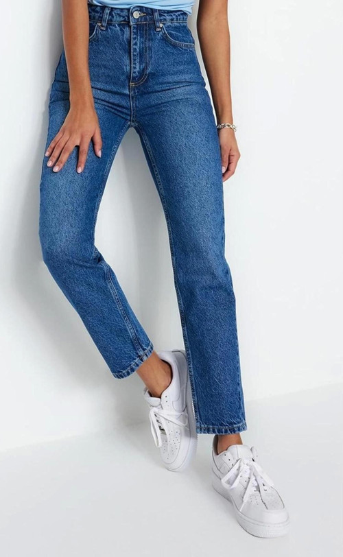 Stil Kadın Moda Denim Kot Pantolon Regular Geniş Paça Mavi Yüksek Bel Mom Jeans