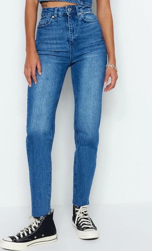 Stil Kadın Moda Denim Kot Pantolon Uzun Boru Paça Yüksek Bel Slim Mom Jeans