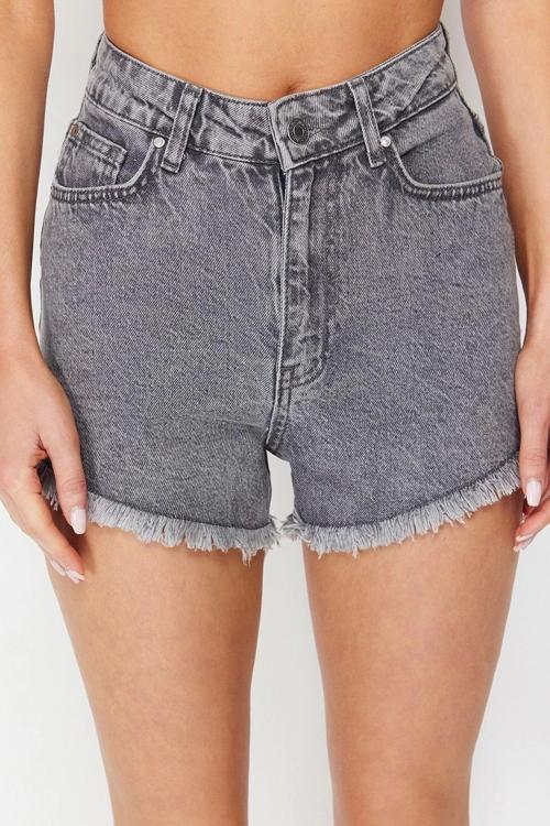 Moda Denim Yüksek Bel Boru Paça Plaj Gri Mini Dokuma Denim %100 Pamuklu Şort Bermuda