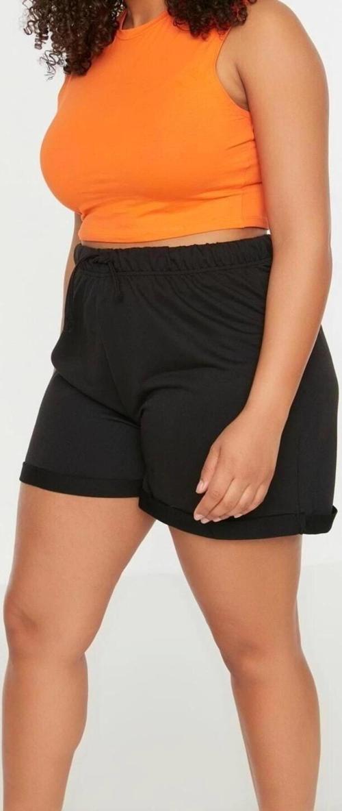 Büyük Beden Moda Örme Yüksek Bel Boru Paça Gündelik Siyah Cep Detaylı Şort Bermuda