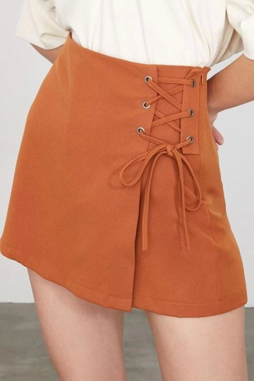 Moda Dokuma Yüksek Bel Dar Paça Gündelik Antrasit Kuşgözü Detaylı Dokuma Şort