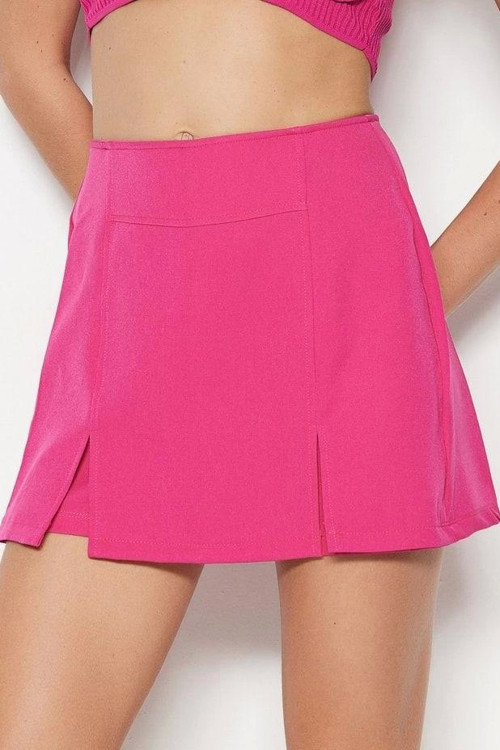 Moda Dokuma Yüksek Bel Dar Paça Gündelik Fuşya Çift Yırtmaçlı Süper Mini Dokuma Şort Etek