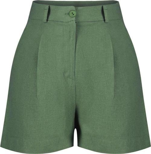 Moda Dokuma Yüksek Bel Geniş Paça Gündelik Haki Pile ve Cep Detaylı Pamuk Keten Dokuma Şort