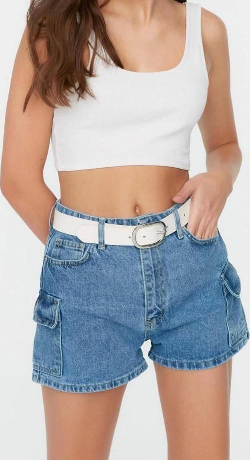 Moda Denim Yüksek Bel Dar Paça Gündelik Mavi Kargo Cep Detaylı Denim Şort