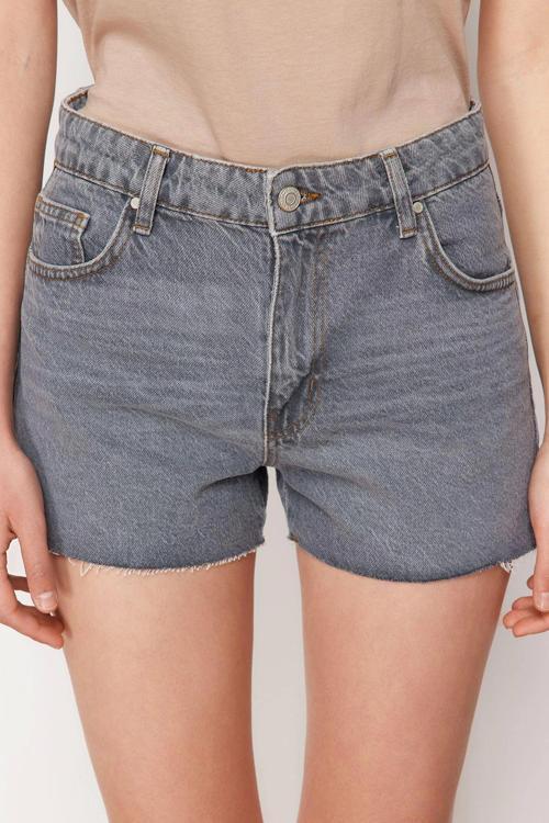 Moda Denim Yüksek Bel Geniş Paça Gündelik Gri Mini Şort