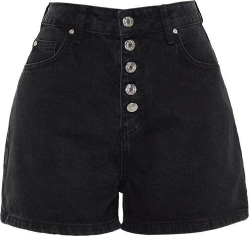 Moda Denim Yüksek Bel Geniş Paça Gündelik Koyu Mavi Önden Düğmeli Yüksek Bel Denim Şort