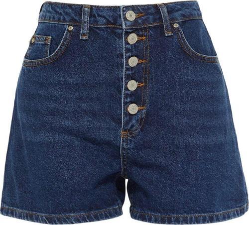 Moda Denim Yüksek Bel Geniş Paça Gündelik Koyu Mavi Önden Düğmeli Yüksek Bel Denim Şort
