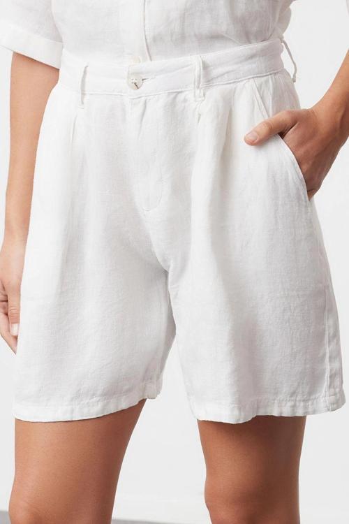 Moda Denim Yüksek Bel Geniş Paça Gündelik Beyaz %100 Keten Pileli Yüksek Bel Şort