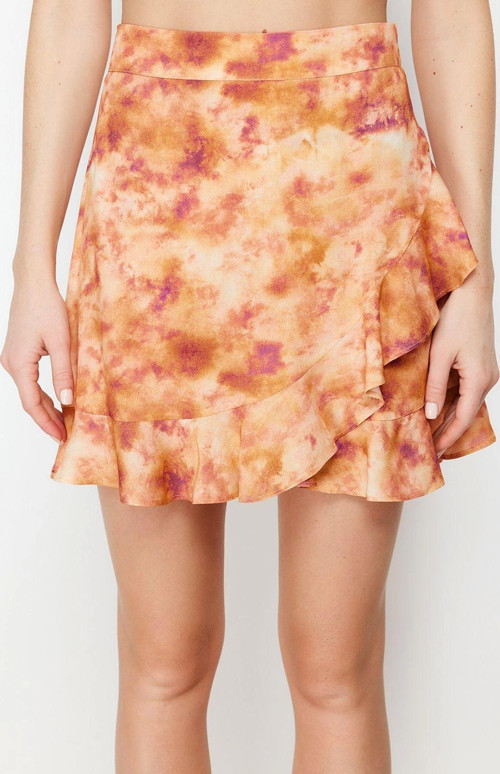 Moda Dokuma Yüksek Bel Boru Paça Gündelik Batik Desenli Etek Ucu Fırfırlı Viskon Dokuma Şort Etek