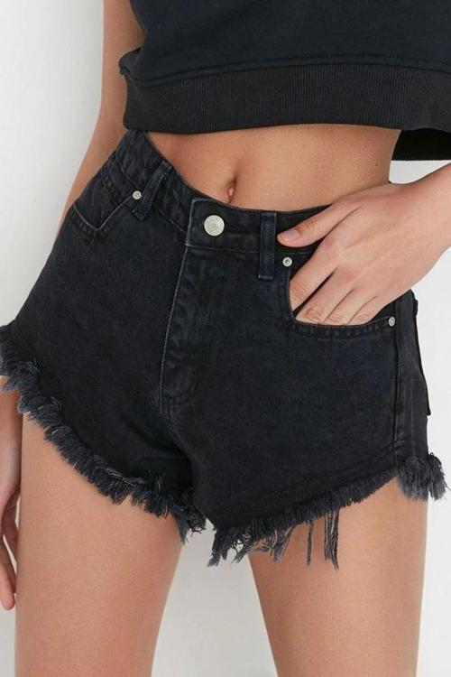 Moda Denim Normal Bel Boru Paça Gündelik Gri Yırtıklı Detaylı Yüksek Bel Denim Şort