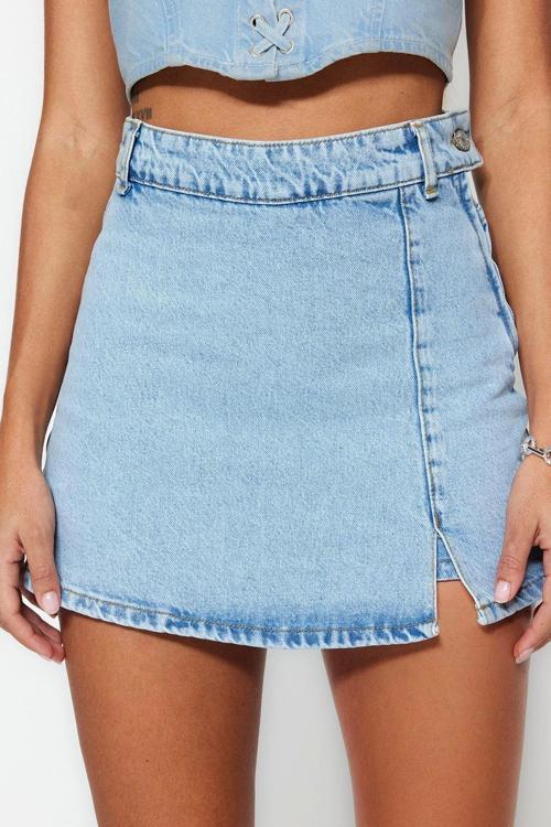 Büyük Beden Moda Denim Yüksek Bel Geniş Paça Gündelik Mavi Yırtmaçlı Şort Etek