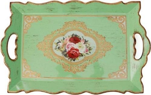 Su Yeşili Renkli Elcikli Çatlatma Ahşap Tepsi 42.5*28 Cm HKR 452