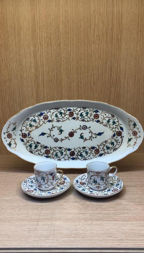 Altın Yaldızlı El Dekoru 2 Kişilik Tepsili Türk Kahve Fincan Takımı