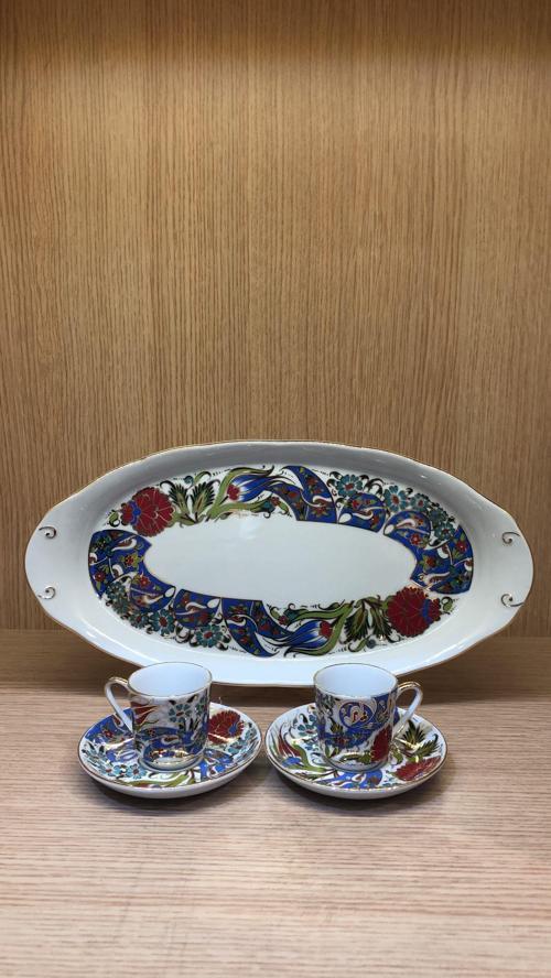 Altın Yaldızlı El Dekoru 2 Kişilik Tepsili Türk Kahve Fincan Takımı