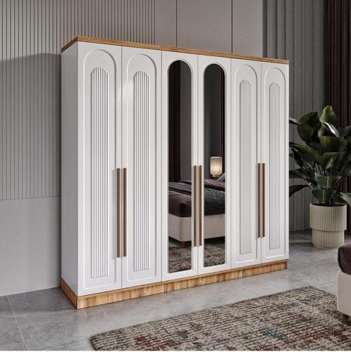 Ücretsiz Montaj - Flora 6 Kapaklı Aynalı Komple Mdf Gardırop - Elbise Dolabı