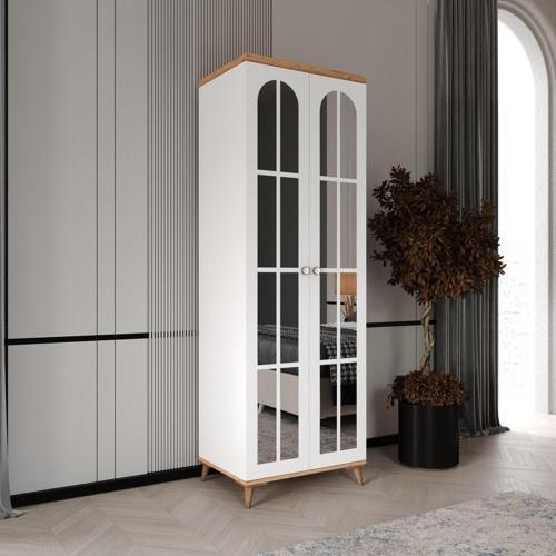 Ücretsiz Montaj - %100 MDF Bohem 2 Kapaklı Aynalı Atlantik Çam Beyaz Gardırop - MDF Dolap - Elbise Dolabı