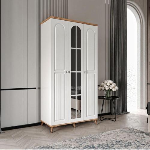 Ücretsiz Montaj Bohem 3 Kapaklı Aynalı Komple MDF Gardırop - Elbise Dolabı