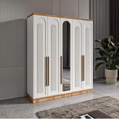 Ücretsiz Montaj Flora 5 Kapaklı Komple MDF Aynalı Gardırop - Elbise Dolabı