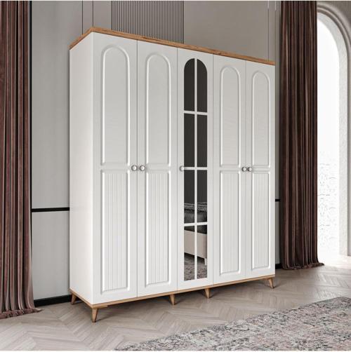 Ücretsiz Montaj Komple MDF Bohem 5 Kapaklı Aynalı Gardırop - Elbise Dolabı