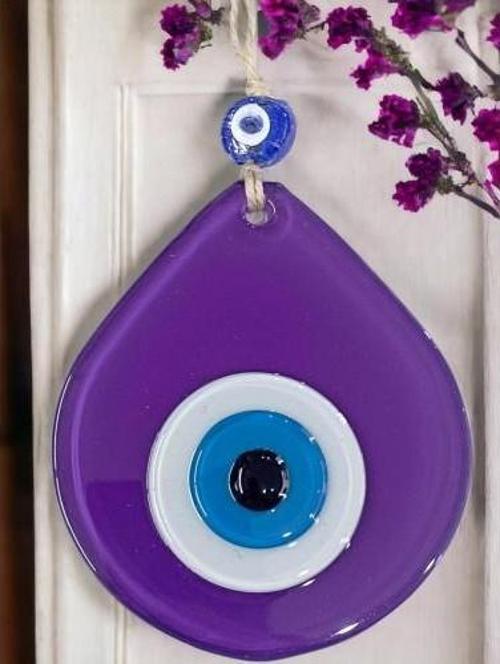 Orta Boy Mor Damla Desen Nazar Boncuklu Duvar Dekoru Cam Duvar Süsü