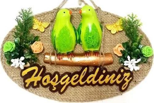 Yeşil Kuşlu Hoşgeldiniz Yazılı Kapı Süsü
