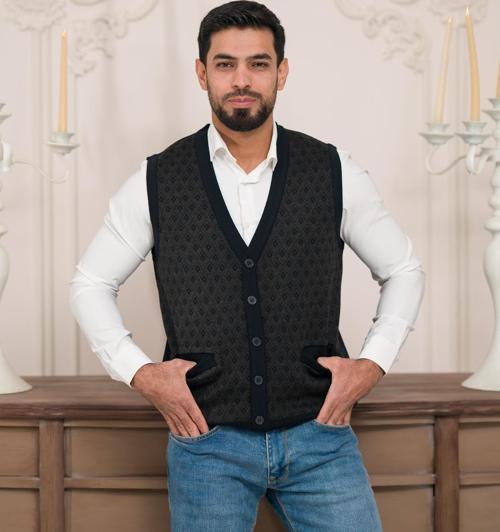 Regular Fit Ön Cepli Desenli Kolsuz Erkek Triko Yelek