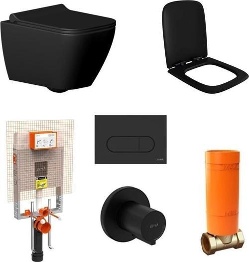 Seramiksan Saturn Rim-Out Kanalsız Mat Siyah Asma Klozet + Duroplast Yavaş Kapanır Kapak + VitrA Gömme Rezervuar Set