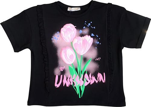 Kız Çocuk Çiçek Baskılı Fırfır Kenarlı Tshirt