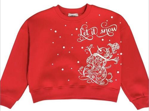 Kız Çocuk Şardonlu Kumaş  İncili Kardan Adam Sweatshirt