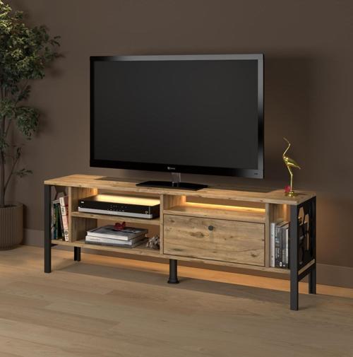Lotus Led Işıklı Özel Tasarım Metal Ayaklı Minifiksli Tv Ünitesi - Tv Sehpası 140 Cm 
