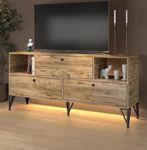 Mila Led Işıklı Dolaplı Minifiksli 160 Cm Konsol - Tv Ünitesi - Tv Sehpası - Atlantik Çam