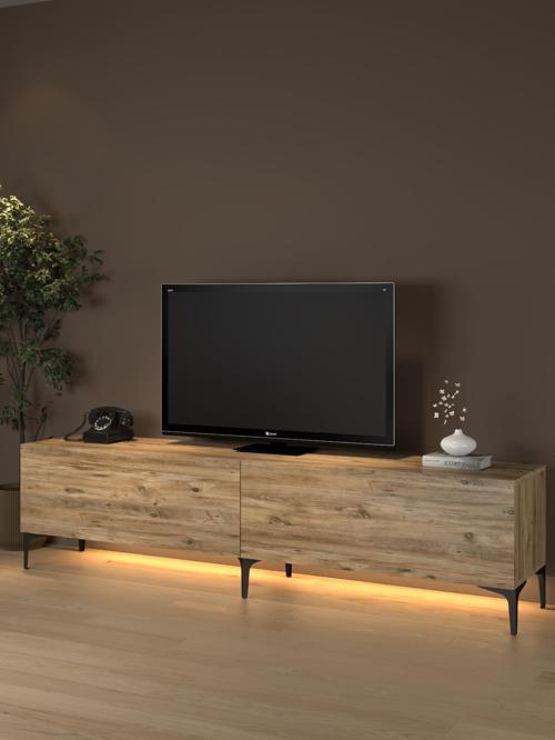 Napoli 200 Cm Led Işıklı Geniş Dolaplı Minifiksli  Tv Ünitesi - Tv Sehpası - Atlantik Çam 