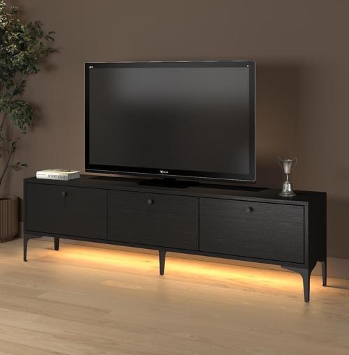 Paris Led Işıklı Dolaplı Minifiksli 160 Cm Tv Ünitesi - Tv Sehpası - Wood Siyah