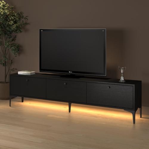 Venüs Led Işıklı Dolaplı Minifiksli 180 Cm Geniş Tv Ünitesi - Tv Sehpası - Wood Siyah