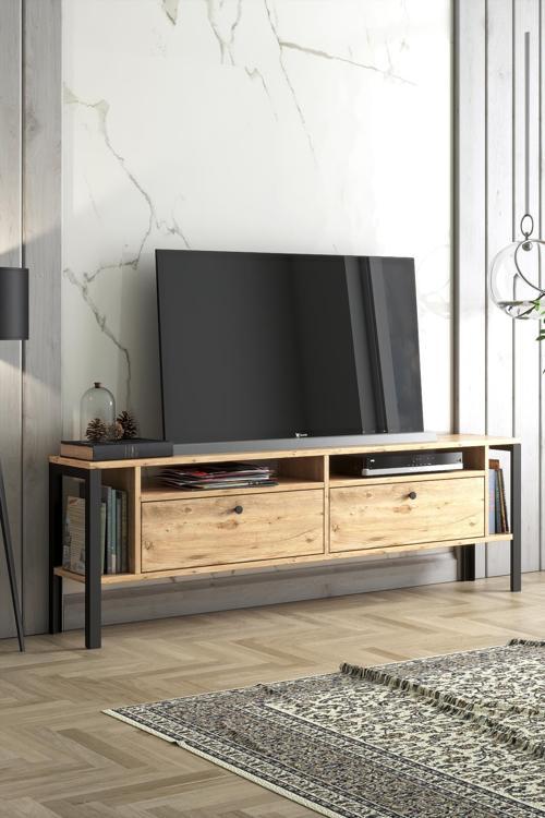 Atlanta Metal Ayaklı Dolaplı 180 Cm Tv Geniş Ünitesi - Atlantik Çam / Siyah