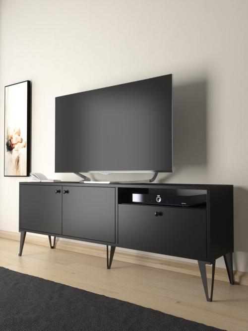Atoka 160 Cm Metal Ayaklı Dolaplı, Minifiks Bağlantı Tv Ünitesi - Siyah / Siyah